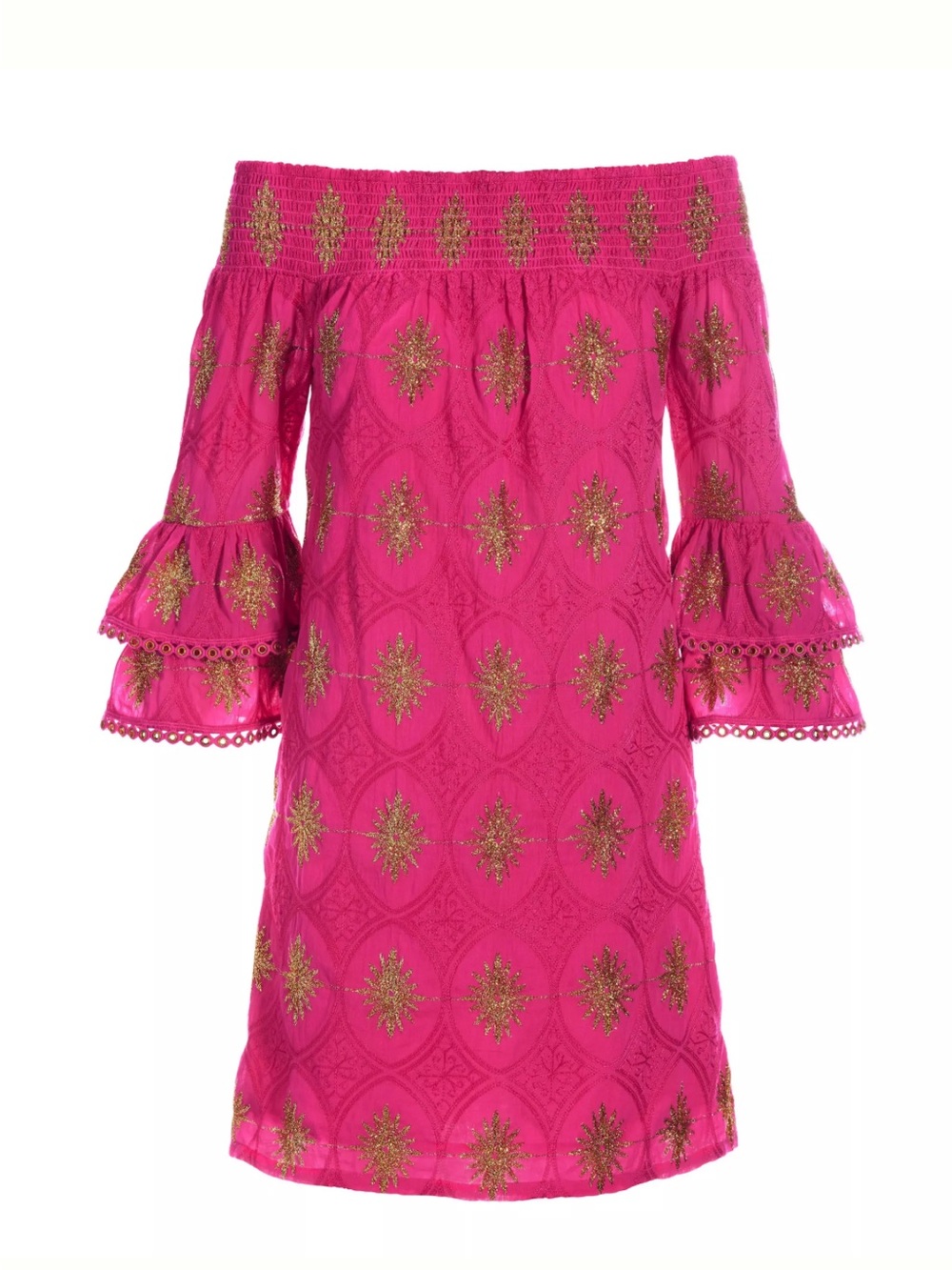 Boston Proper Off-Shoulder Fuchsia Dress with Gold Embroidery size XS - Picture 2 of 10